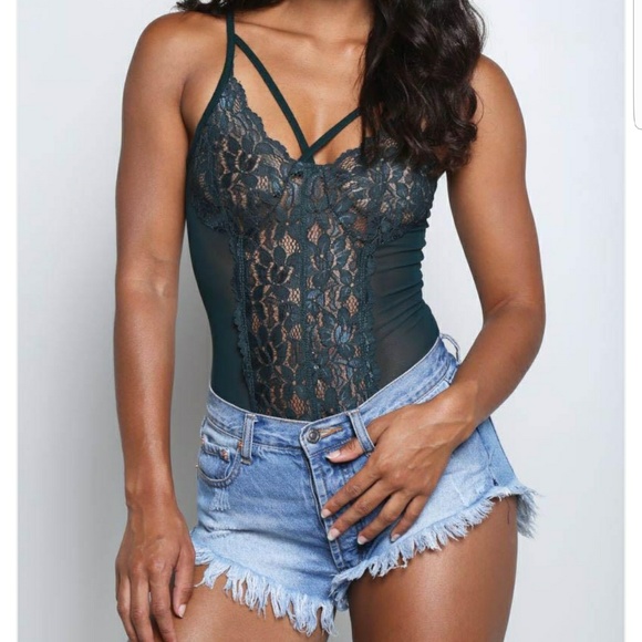 The Black Diamond Boutique Tops - ♦️ LAST Emerald Green Strappy Lace Bodysuit